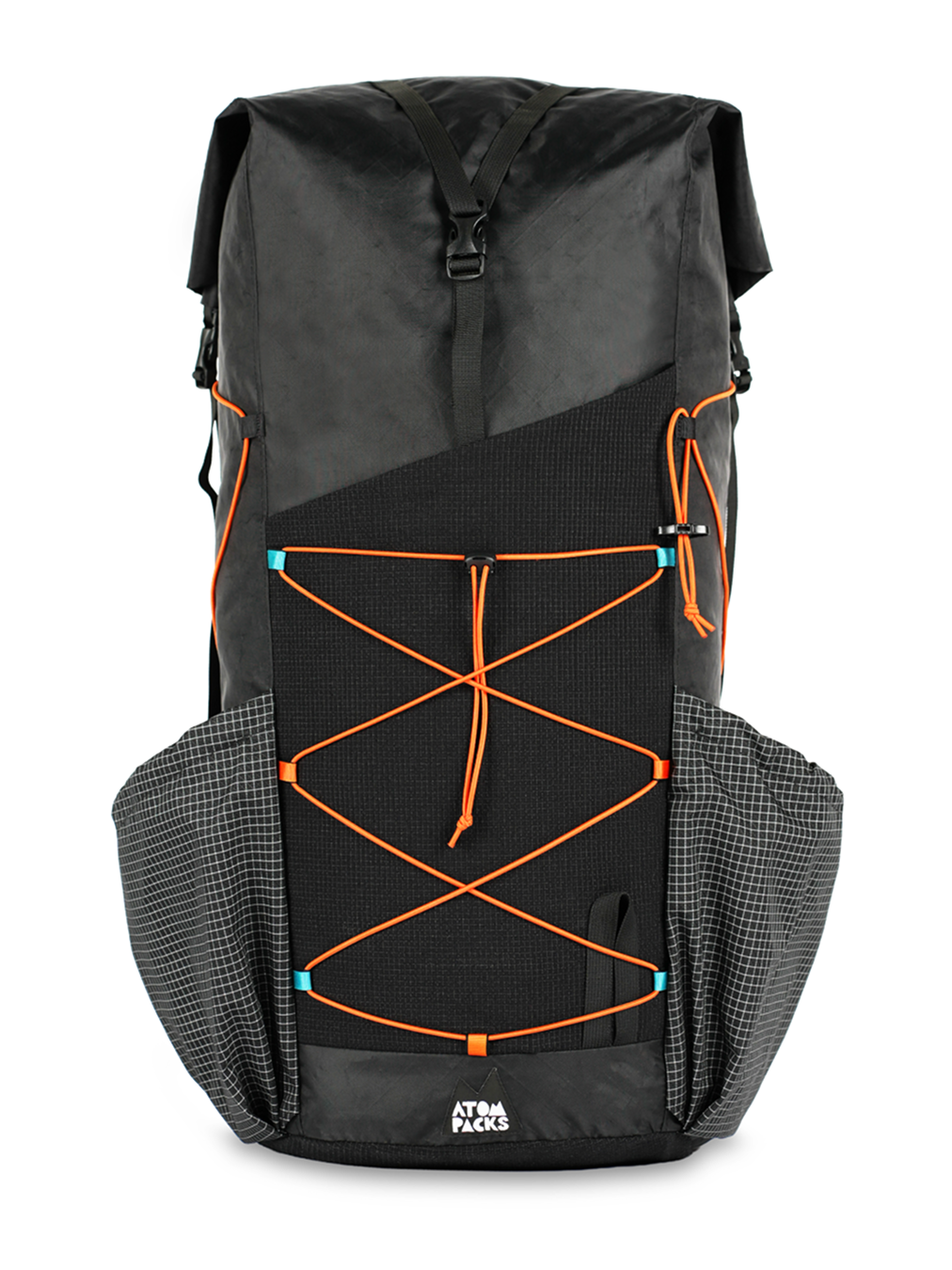 A black Prospector from Atom Packs with bright orange bungee cords.