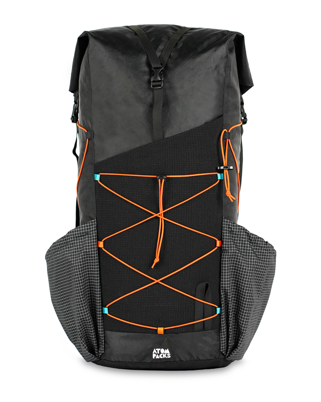 A black Prospector from Atom Packs with bright orange bungee cords.